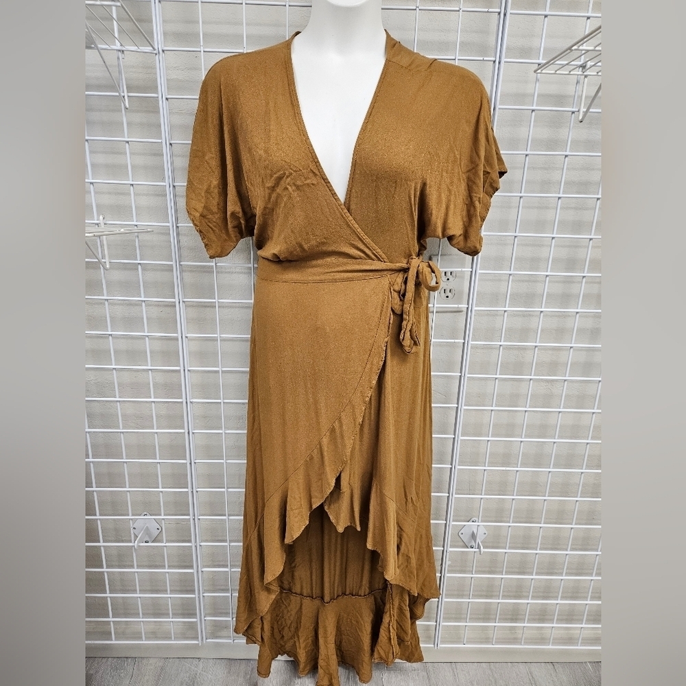 Women’s Wrap Midi Dress in Mustard Brown